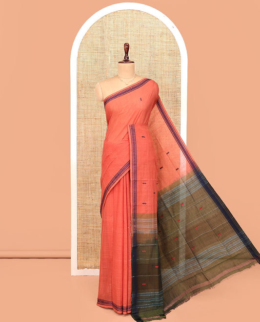 Dark Peach Andhra Cotton Saree, Decked Up with Thread Buttas All Over Its Body, Highlighted by Thread Border, Captivating Contrast Pallu of Stripes and Buttas, and Paired with a Matching Blouse