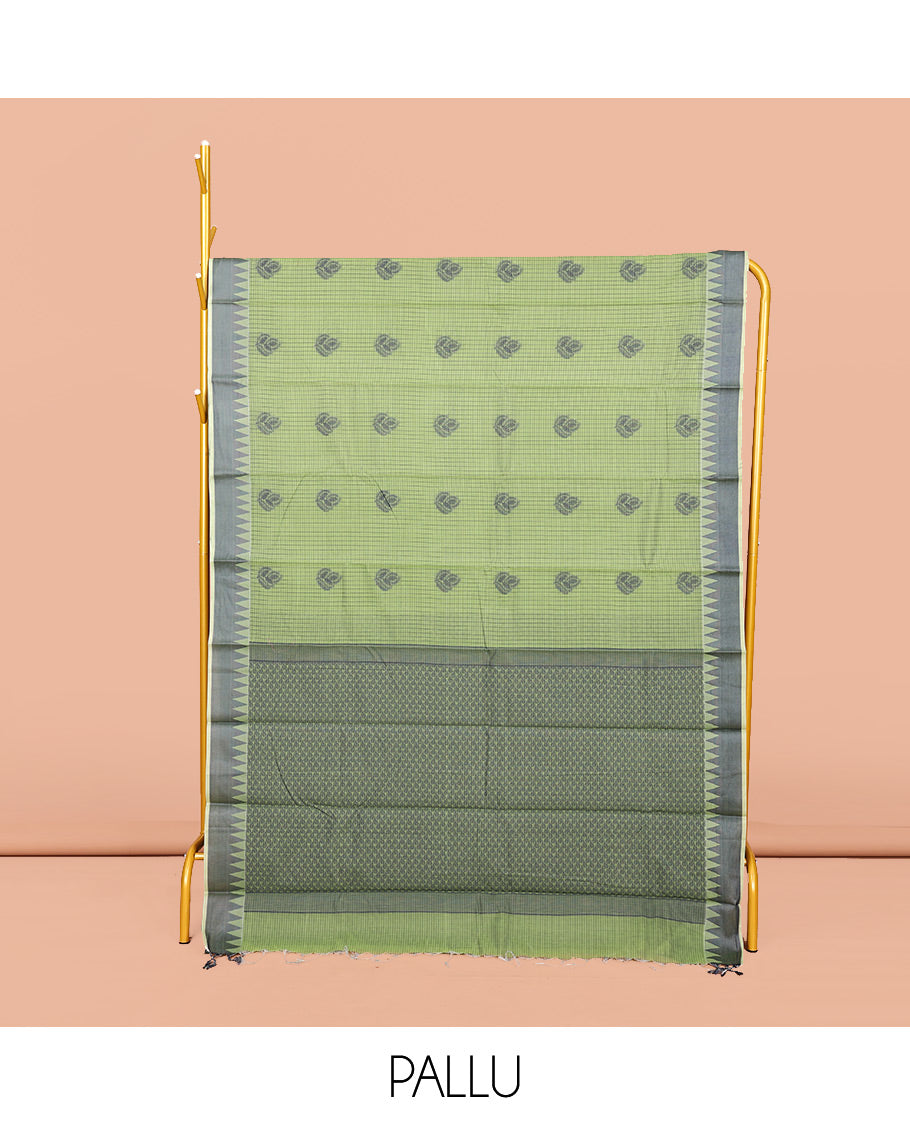 Green Semi-Silk Cotton Saree, Subtly Sparkled with Buttas and Micro-Checks All Over Its Body, Highlighted by a Temple Border, Intricate Pallu, and Paired with a Contrast Blouse