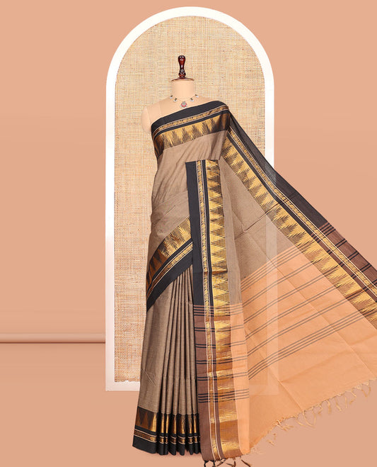 Pale Brown Plain Chettinad Cotton Saree, Complemented by a Contrast Temple Traditional Zari Border, Striped Pallu, and a Matching Blouse