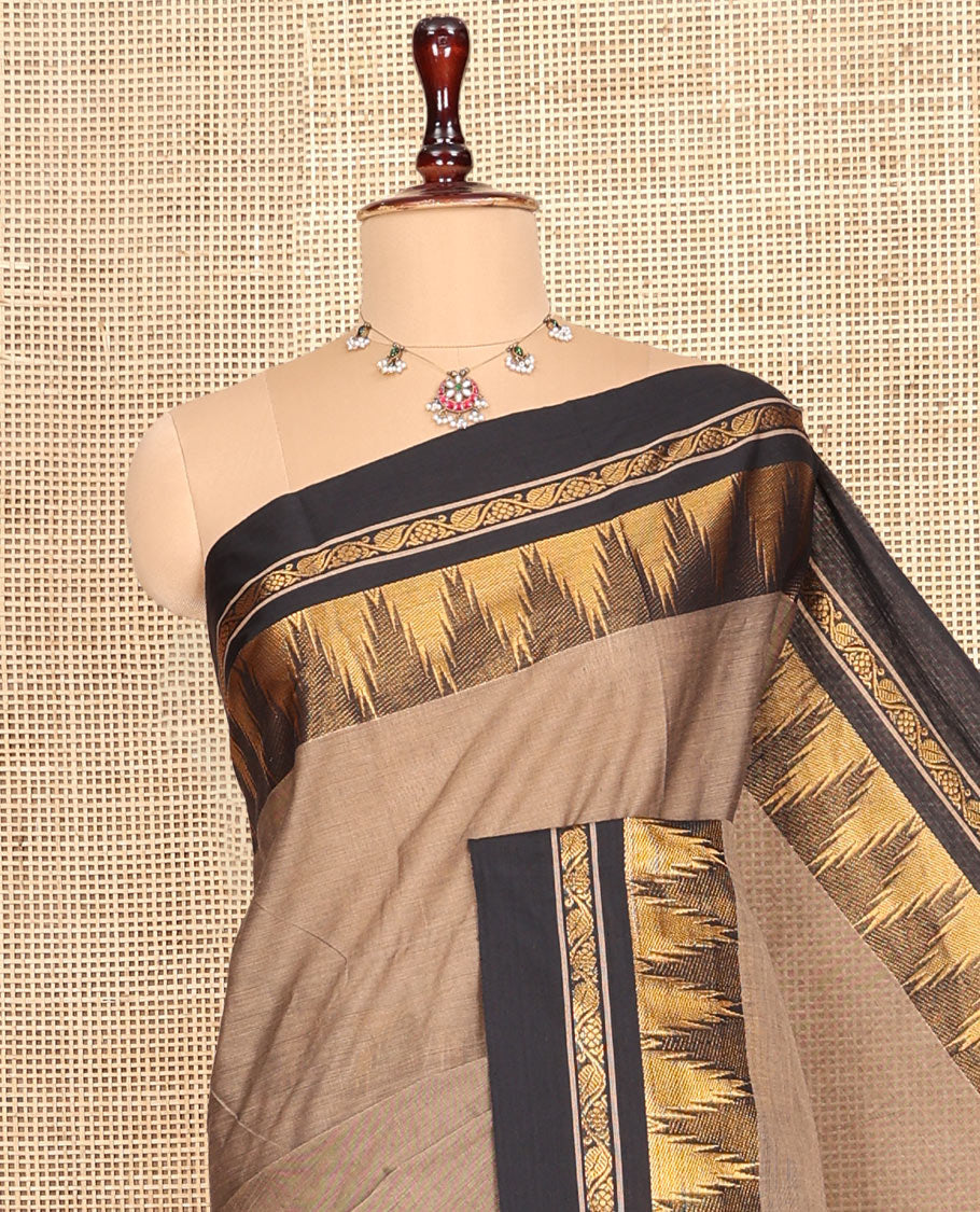 Pale Brown Plain Chettinad Cotton Saree, Complemented by a Contrast Temple Traditional Zari Border, Striped Pallu, and a Matching Blouse