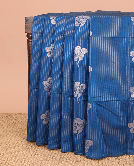Borderless blue striped, floral motifs semi silk cotton saree with floral jaal design pallu