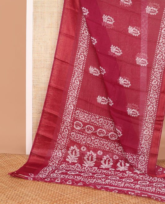 Maroon batik motifs budget cotton saree with self batik style floral design border & batik style floral design pallu