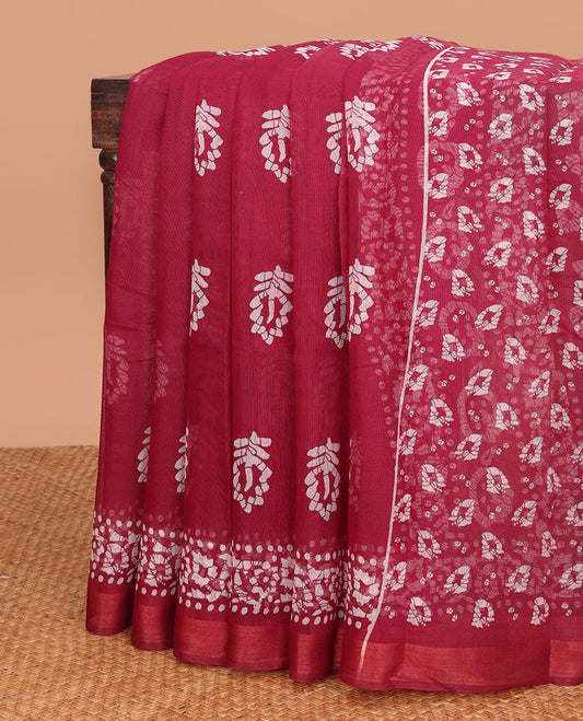 Maroon batik motifs budget cotton saree with self batik style floral design border & batik style floral design pallu