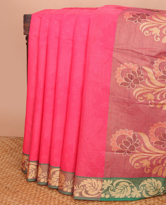 Pink Coimbatore cotton saree, contrast leaf design border & pallu of floral designs