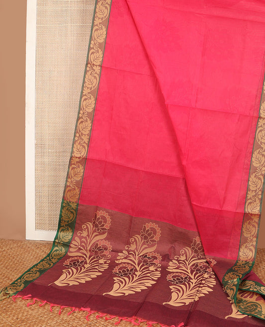 Pink Coimbatore cotton saree, contrast leaf design border & pallu of floral designs