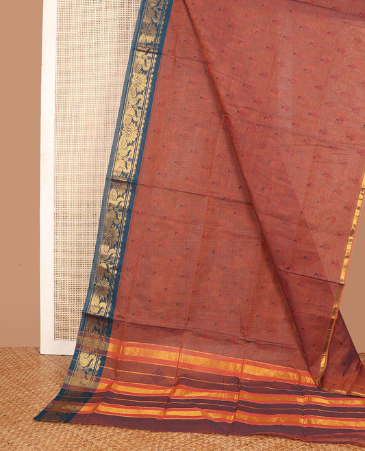Brown floral butta printed Andhra cotton saree, contrast peacock zari border & pallu of zari stripes