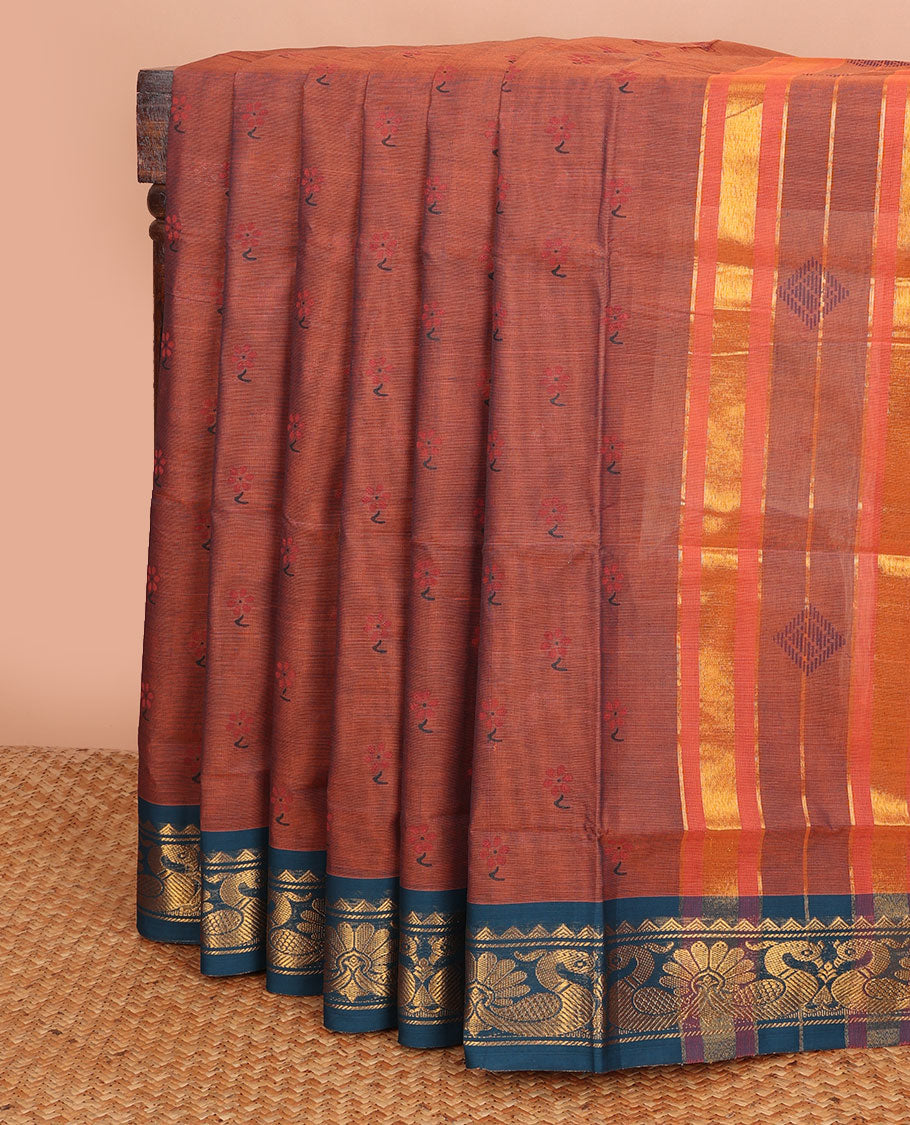 Brown floral butta printed Andhra cotton saree, contrast peacock zari border & pallu of zari stripes