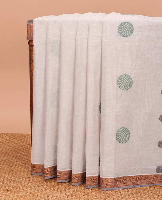 Half-white geometric motifs printed Coimbatore cotton saree, contrast geometric border, and leaf motif pallu