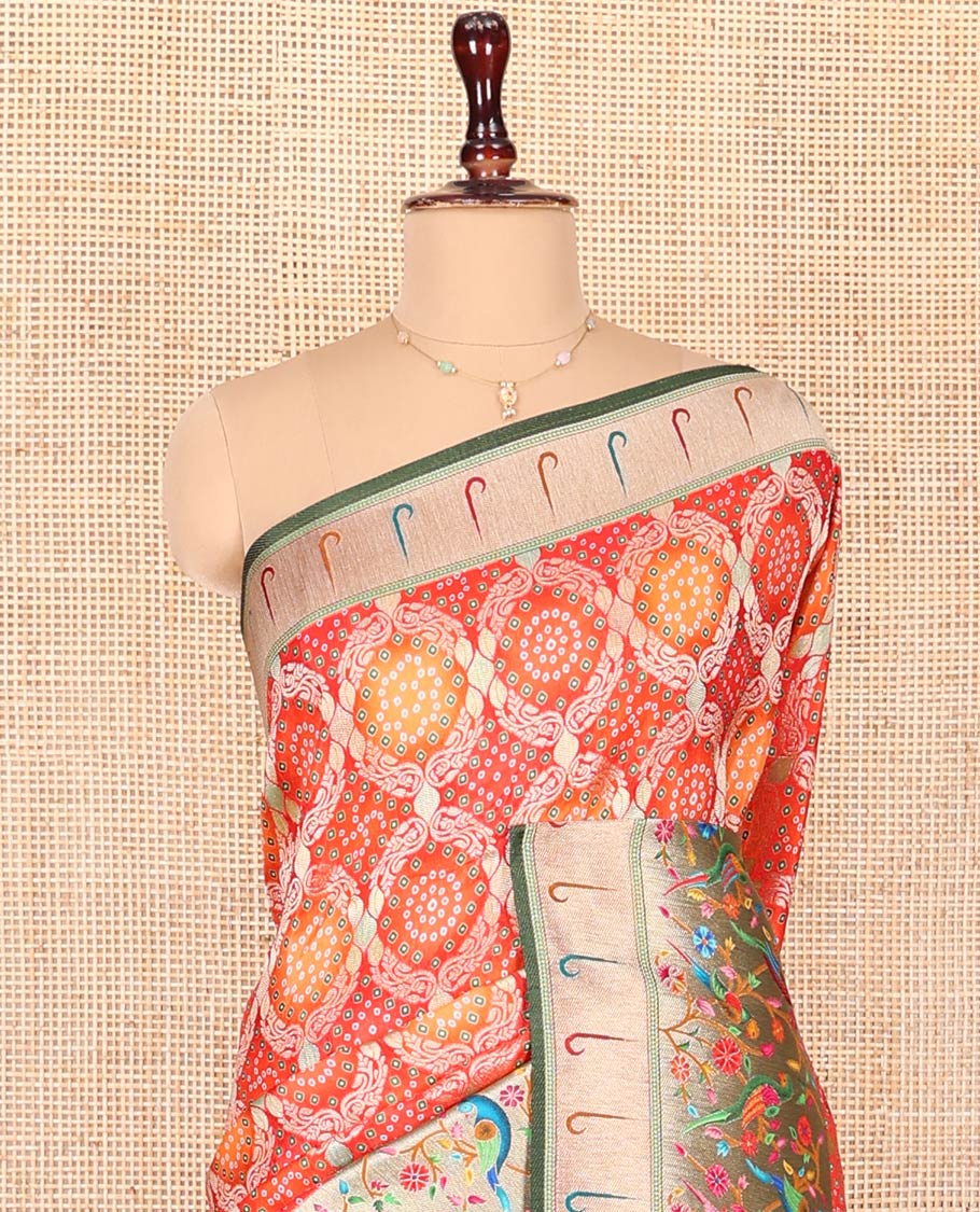 Orange Dola Silk Saree, Beautifully Bedecked with Bandhani Ghar Chola Patterns on Its Body, Complemented by Contrast Muniya Paithani Floral-Peacock Border, Pallu of Muniya Paithani Floral-Peacock Design, and Paired with a Contrast Blouse
