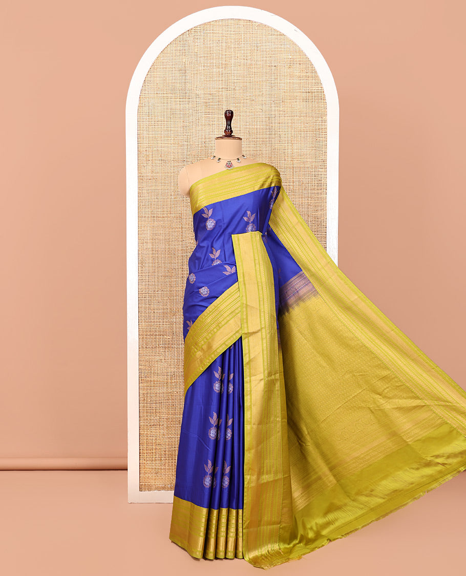 M.s Blue-Green Budget Silk Saree, Accentuated with Floral Zari Buttas, a Contrast Traditional Zari Border, Grand Pallu, and a Contrast Blouse