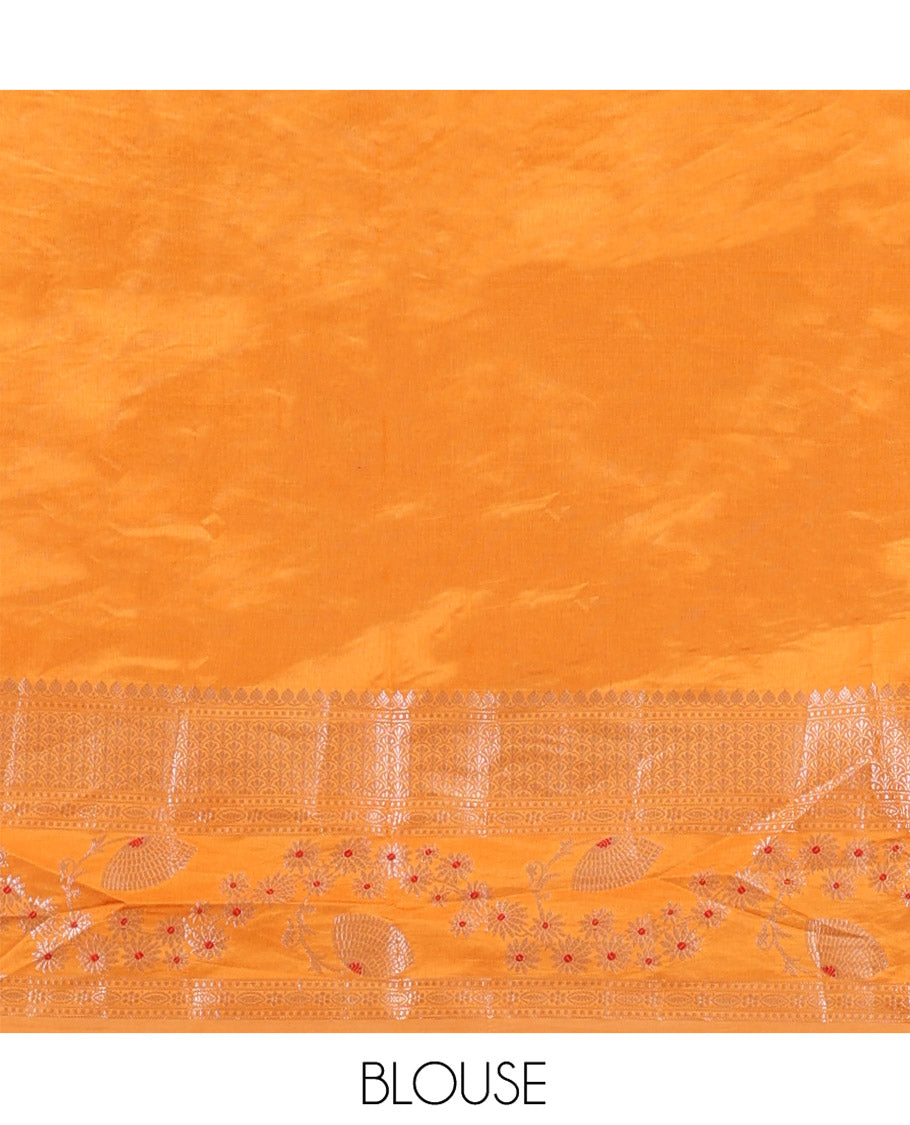 Orange Green-Mango-Silk Saree, Enriched with Floral Zari Buttas All Over Its Body, Complemented by a Contrast Meenakari Zari Traditional Border of Floral Designs, Grand Pallu, and Paired with a Contrast Blouse