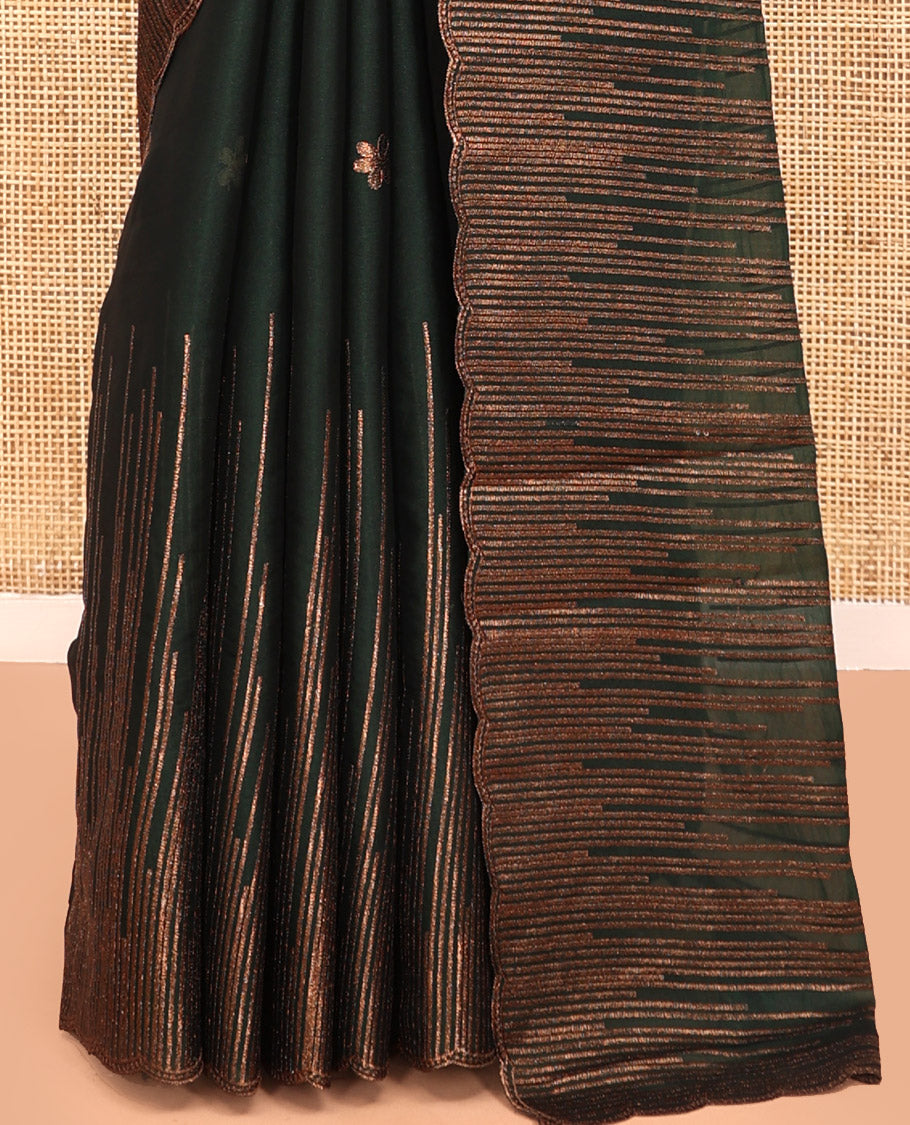Bottle Green Iconic Blooming Saree Depicts Floral Copper-Thread Embroidery Border, and Matching Blouse