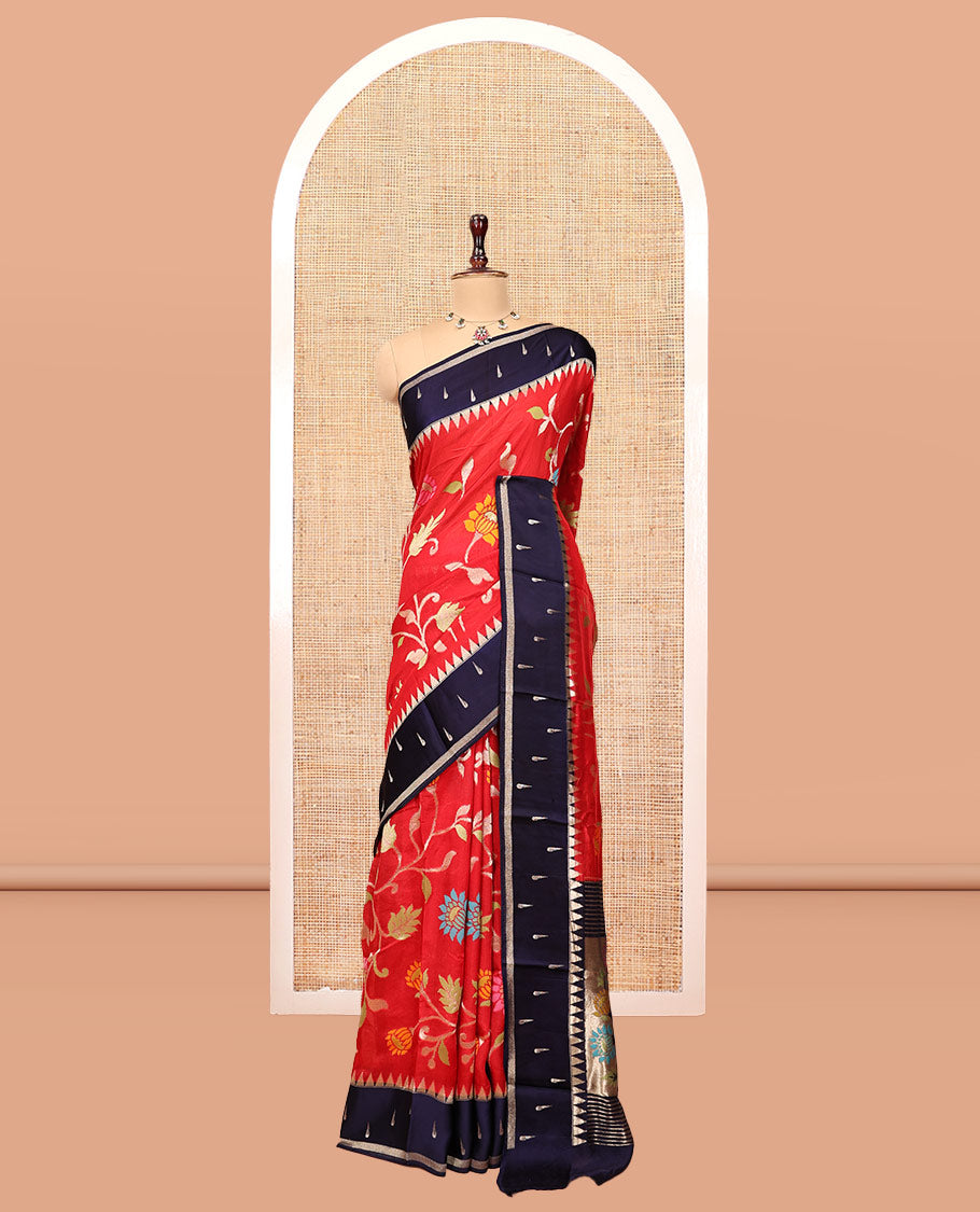 Red Paithani Floral Vine Organza Saree, Contrast Temple Muniya Border, Contrast Blouse