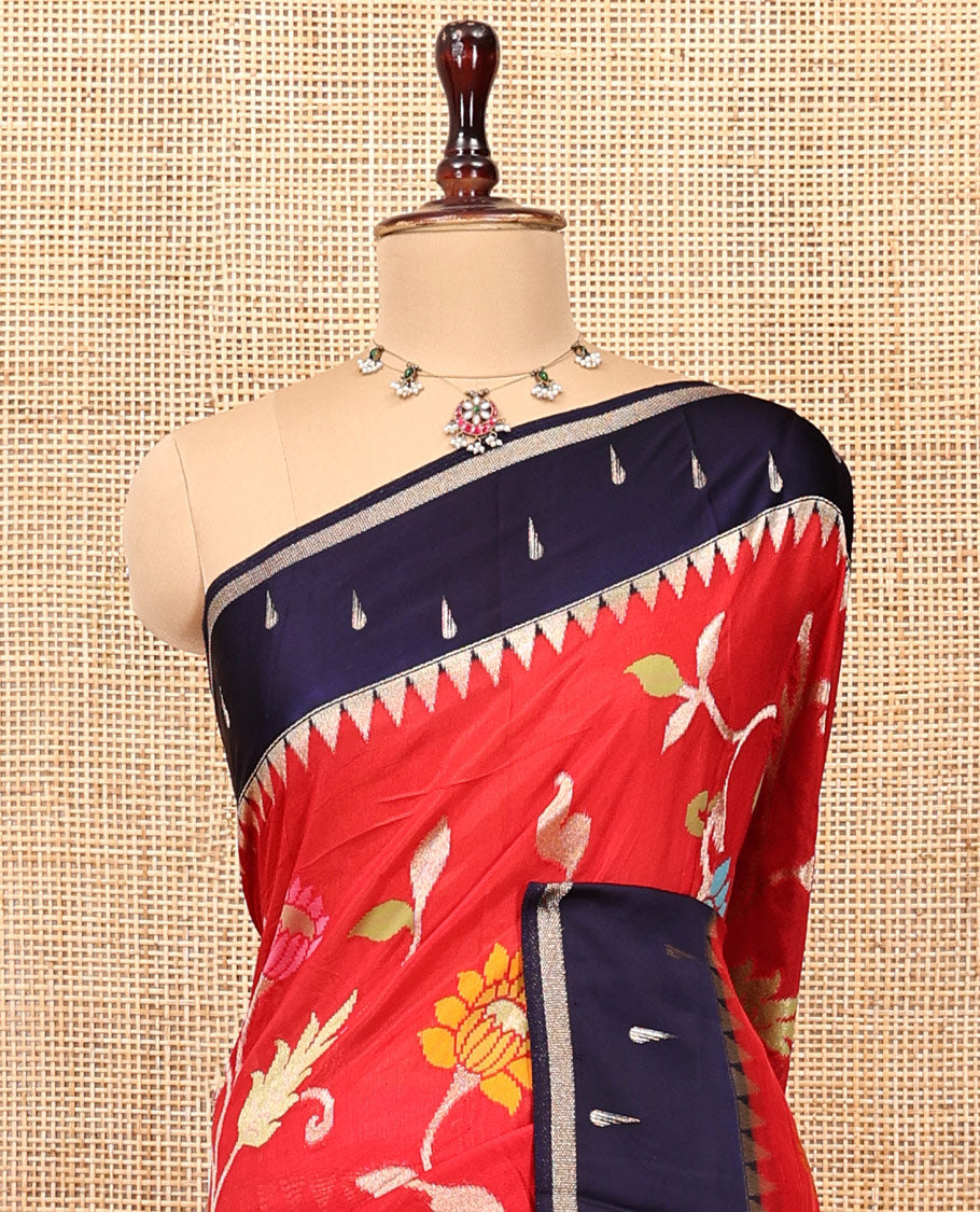 Red Paithani Floral Vine Organza Saree, Contrast Temple Muniya Border, Contrast Blouse