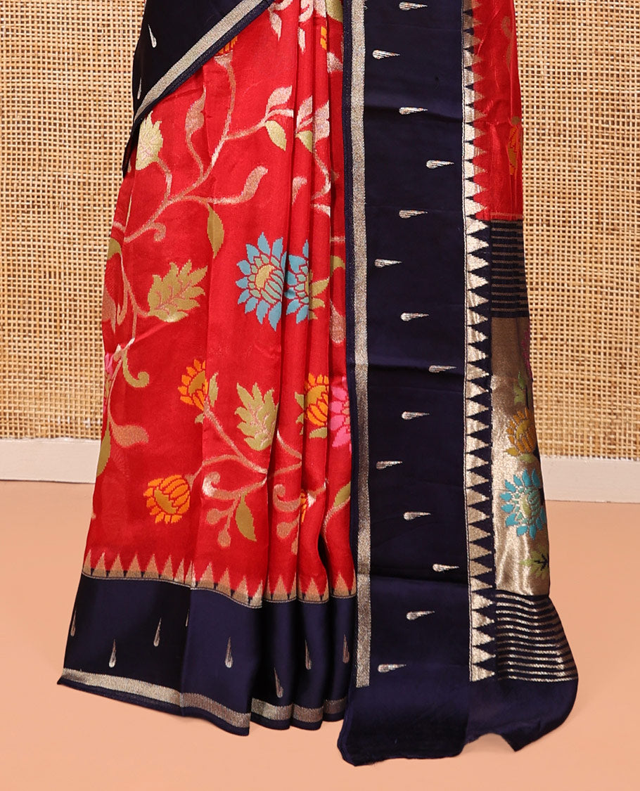 Red Paithani Floral Vine Organza Saree, Contrast Temple Muniya Border, Contrast Blouse