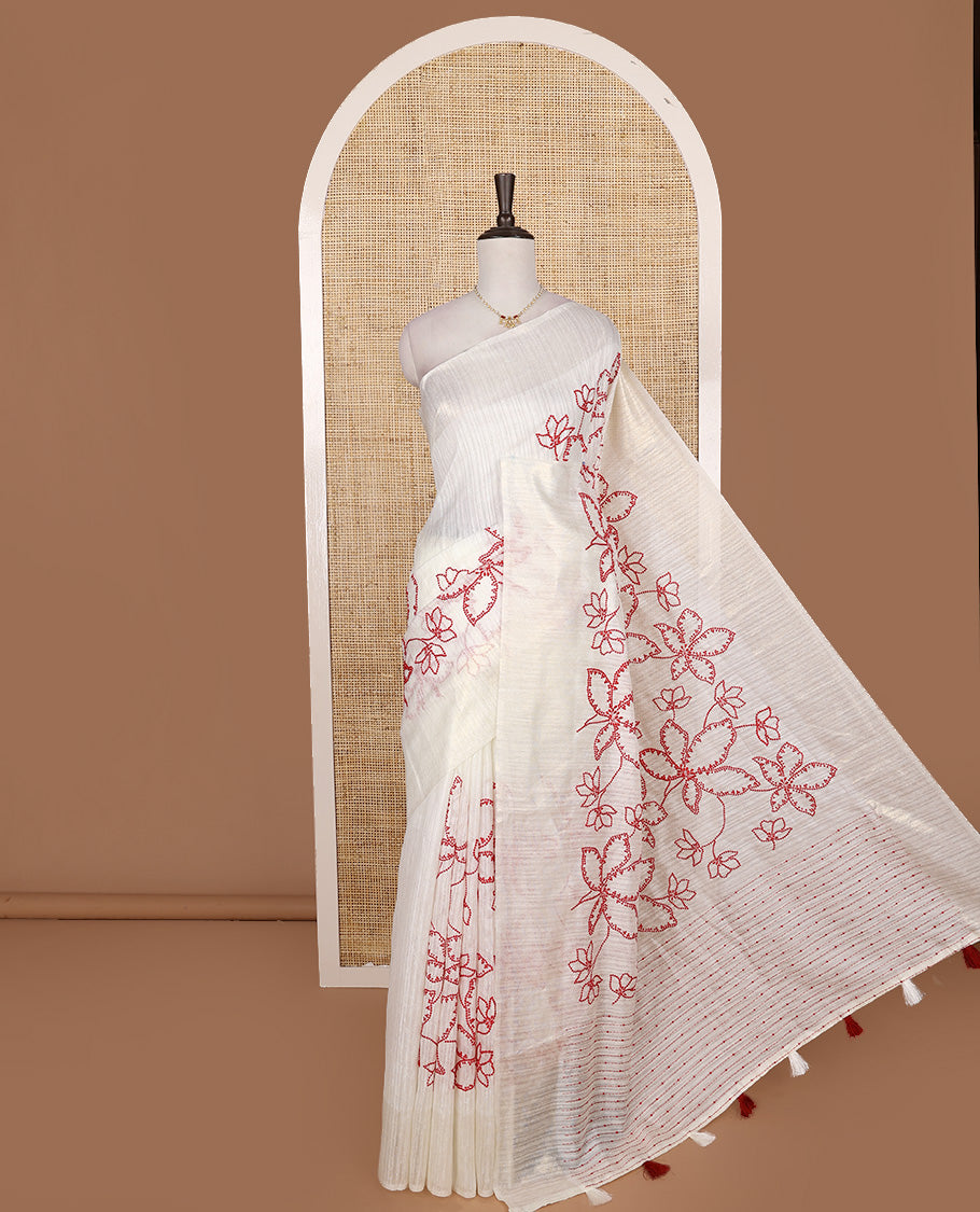 Borderless white dotted floral motifs embroidered matka silk saree, dotted embroidered striped pallu
