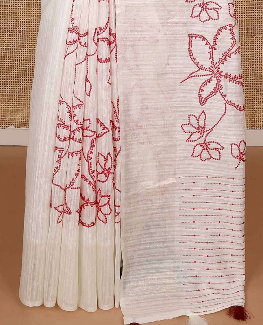 Borderless white dotted floral motifs embroidered matka silk saree, dotted embroidered striped pallu