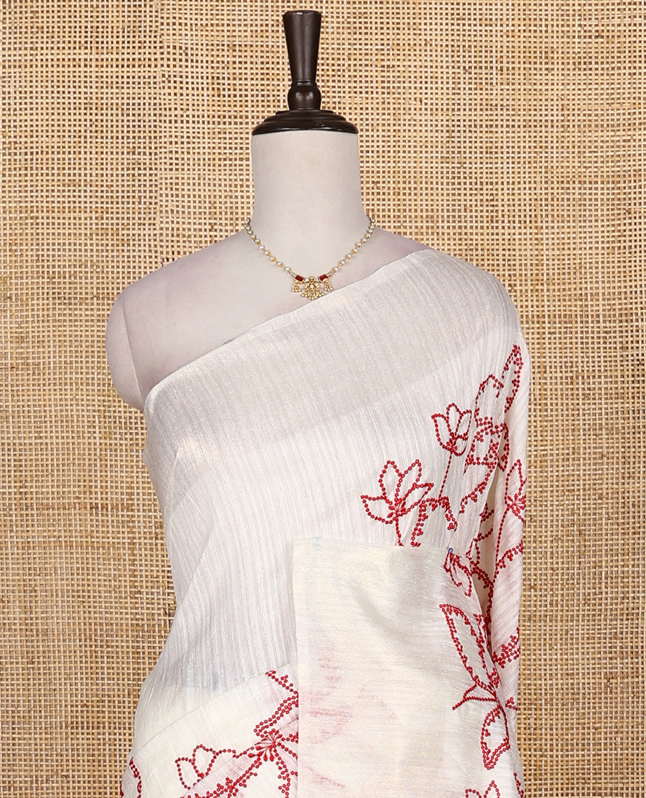 Borderless white dotted floral motifs embroidered matka silk saree, dotted embroidered striped pallu