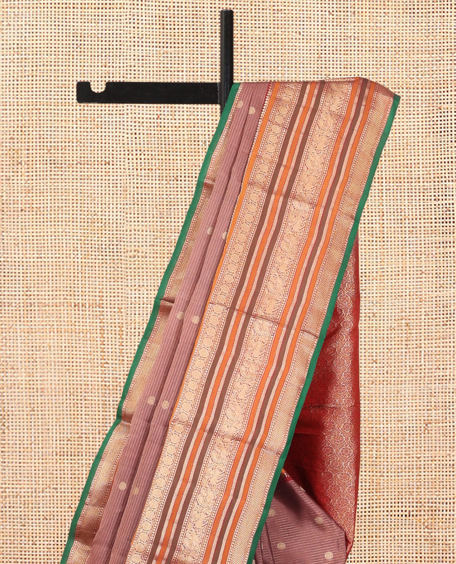Brown-Maroon Stripes-Buttas Vasundhara Silk Saree, Contrast Traditional Border, and Contrast Blouse