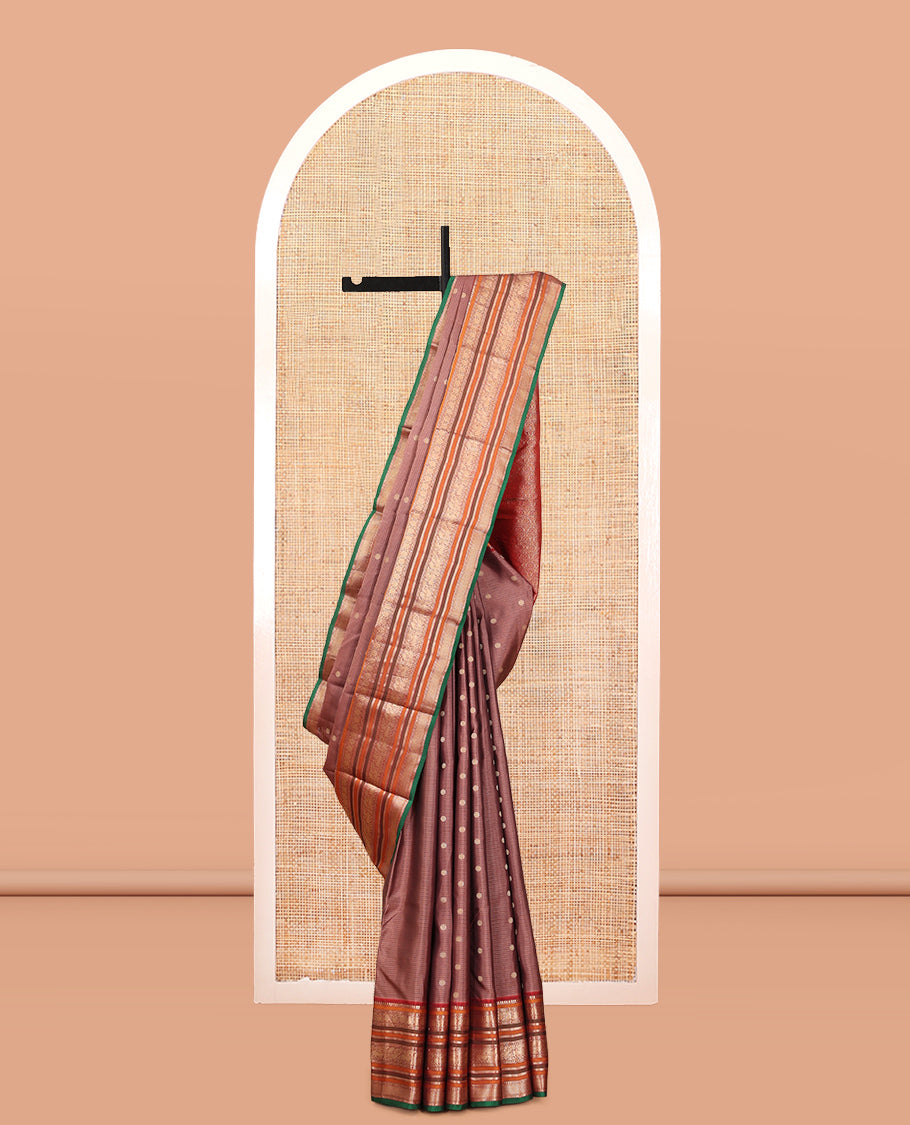 Brown-Maroon Stripes-Buttas Vasundhara Silk Saree, Contrast Traditional Border, and Contrast Blouse