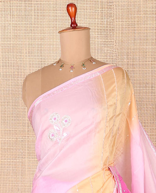 Pink ombre designer saree with golden embroidery thread stripes & floral embroidery
