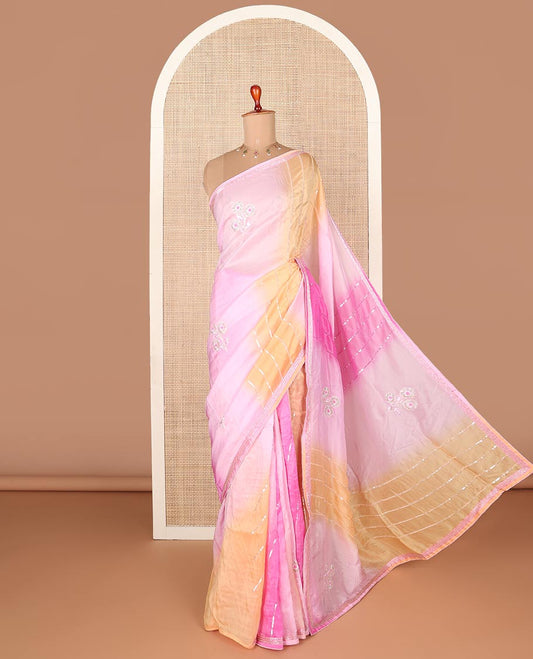 Pink ombre designer saree with golden embroidery thread stripes & floral embroidery