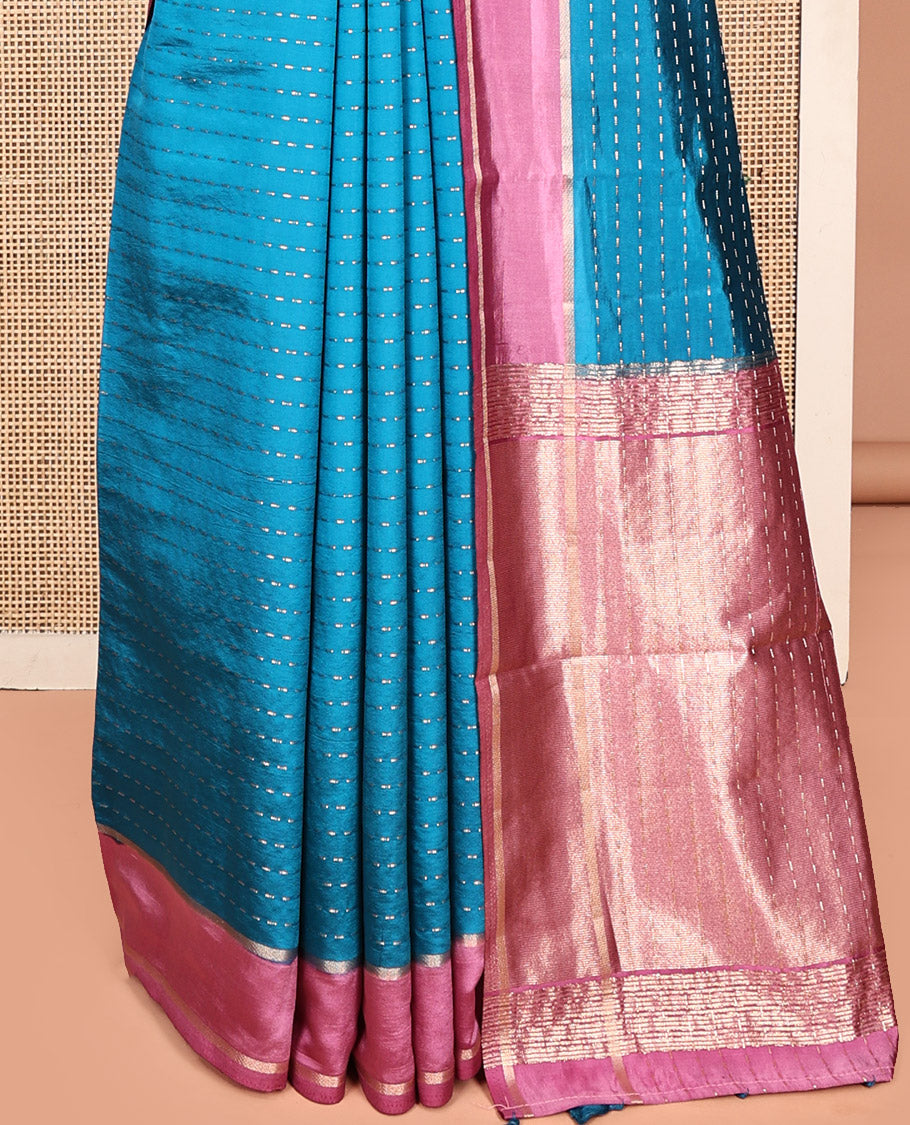 Blue Dupion Silk Saree, Woven with Dotted Stripes, Complemented by a Contrast Border, Pallu of Dotted Stripes, and a Contrast Blouse