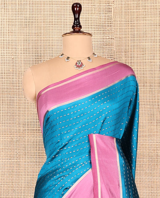 Blue Dupion Silk Saree, Woven with Dotted Stripes, Complemented by a Contrast Border, Pallu of Dotted Stripes, and a Contrast Blouse