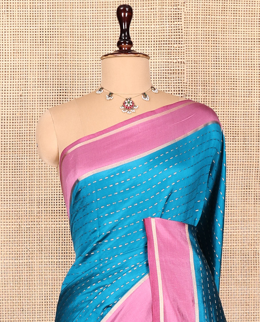 Blue Dupion Silk Saree, Woven with Dotted Stripes, Complemented by a Contrast Border, Pallu of Dotted Stripes, and a Contrast Blouse