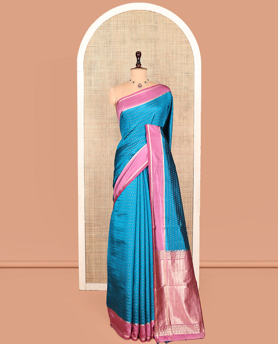 Blue Dupion Silk Saree, Woven with Dotted Stripes, Complemented by a Contrast Border, Pallu of Dotted Stripes, and a Contrast Blouse