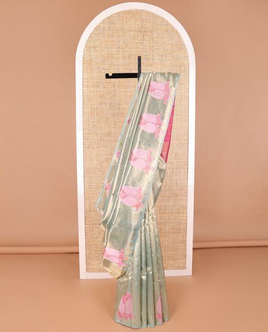 Light blue striped kanchipuram designer silk saree with self bird design border & zari design pallu
