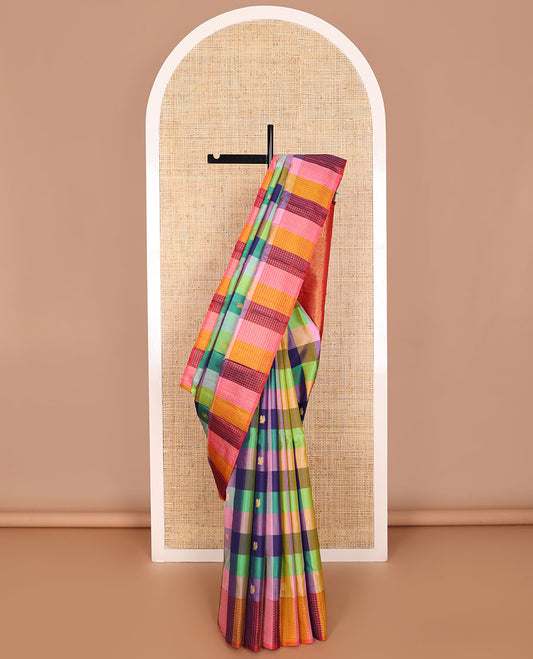Multi-color checked, buttas kancheepuram silk saree with contrast checked border & floral jaal design pallu