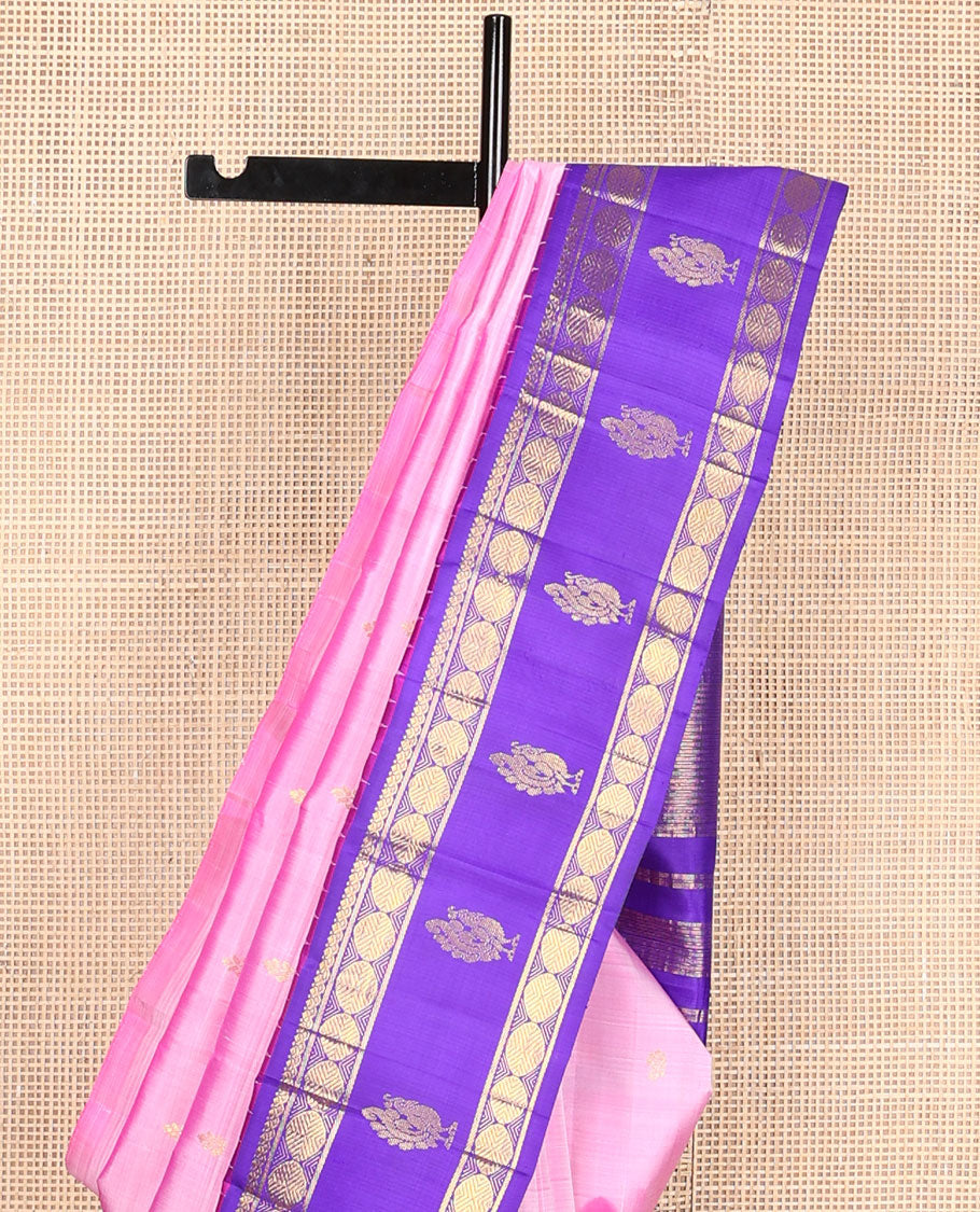 Pink zari buttas kanchipuram silksaree, contrast one-sided salngai, rudraksham & mayil border & zari design pallu