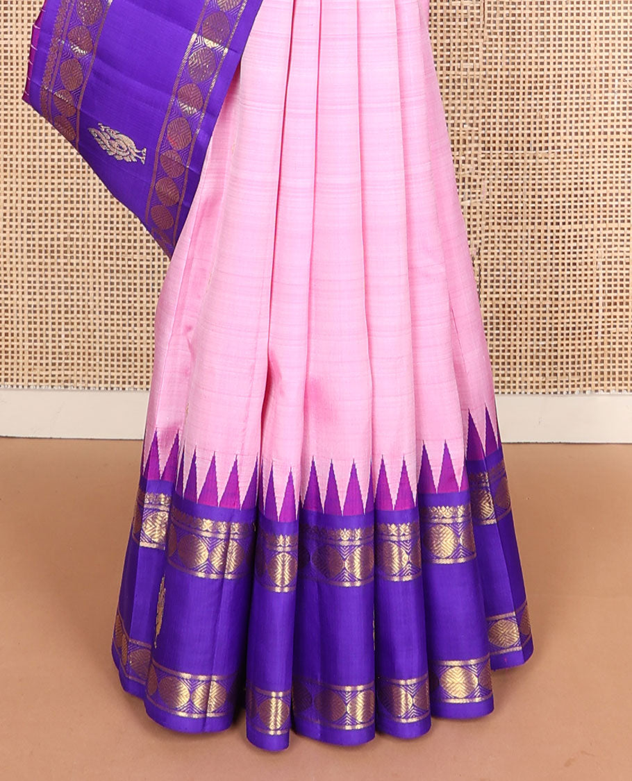 Pink zari buttas kanchipuram silksaree, contrast one-sided salngai, rudraksham & mayil border & zari design pallu