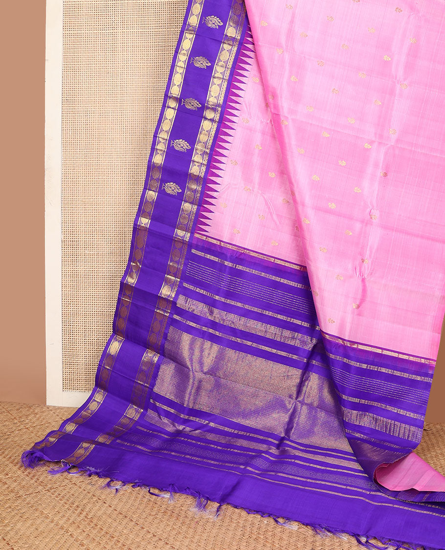 Pink zari buttas kanchipuram silksaree, contrast one-sided salngai, rudraksham & mayil border & zari design pallu