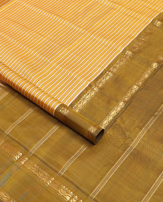 Yellow striped kanchipuram silk saree, contrast rettai pettu border of rekku, muthu & leaf vine & pallu of zari stripes