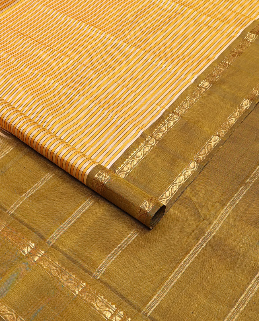 Yellow striped kanchipuram silk saree, contrast rettai pettu border of rekku, muthu & leaf vine & pallu of zari stripes