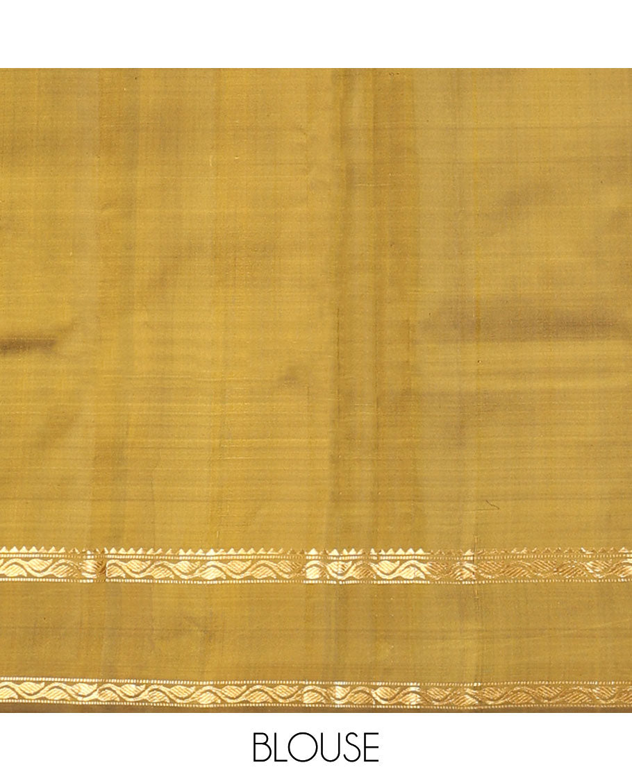 Yellow striped kanchipuram silk saree, contrast rettai pettu border of rekku, muthu & leaf vine & pallu of zari stripes