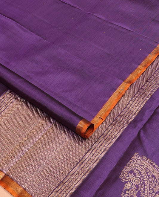 Borderless violet buttas Kanchipuram silk saree, self-pallu of kathir,muthu,rudraksham,mayil kann & corner manga