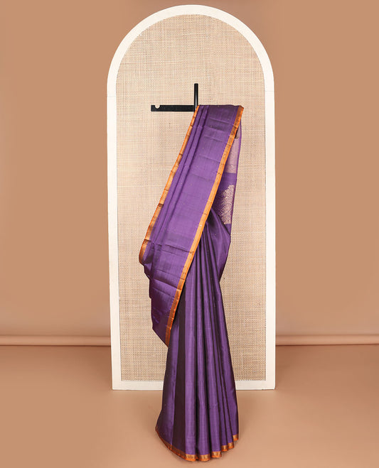 Borderless violet buttas Kanchipuram silk saree, self-pallu of kathir,muthu,rudraksham,mayil kann & corner manga
