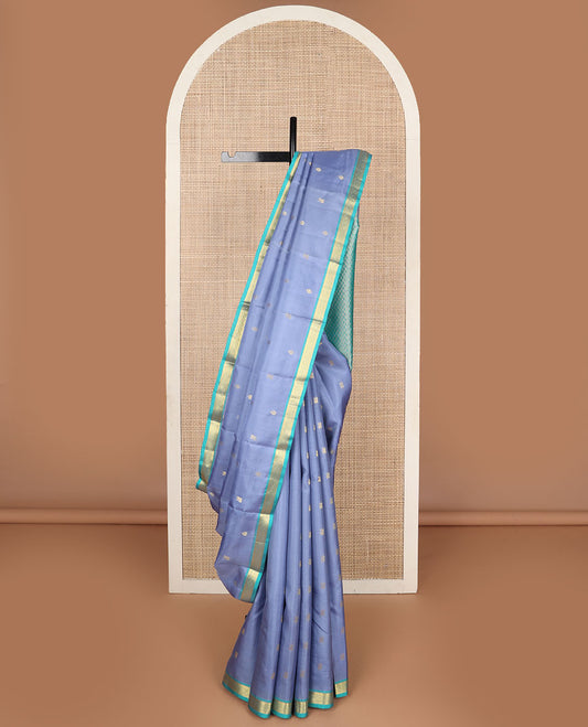 Blue zari buttas Kanchipuram silk saree, contrast border of rekku,muthu,banaras & jaal design & pallu of jaal designs