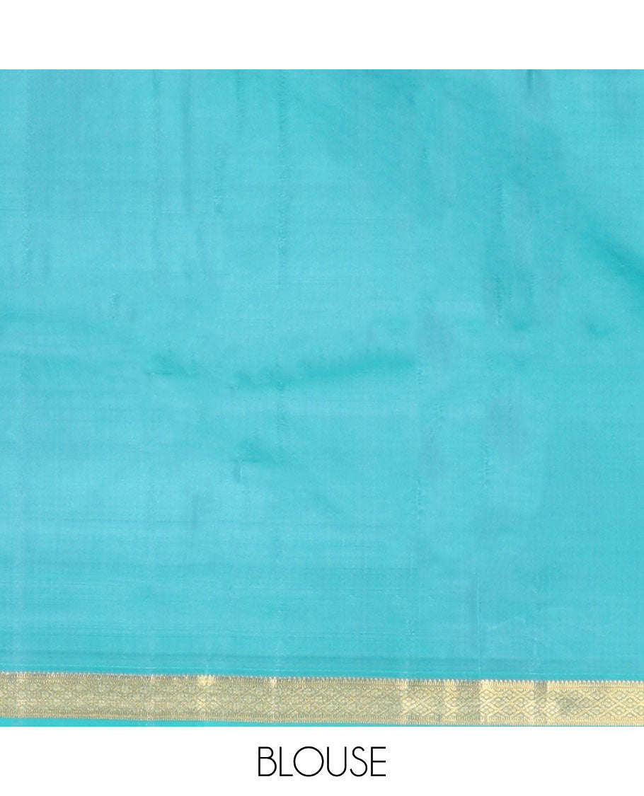 Blue zari buttas Kanchipuram silk saree, contrast border of rekku,muthu,banaras & jaal design & pallu of jaal designs