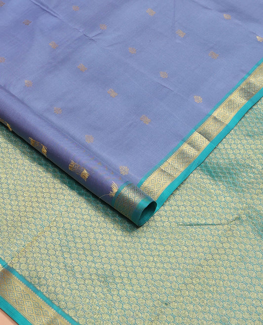 Blue zari buttas Kanchipuram silk saree, contrast border of rekku,muthu,banaras & jaal design & pallu of jaal designs