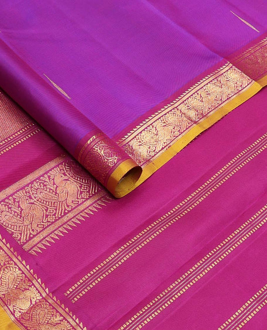 Rani pink malli mokku buttas silk saree, contrast border of ara bogudi,banaras & mayil designs & pallu of ara bogudi,banaras,vanki & mayil