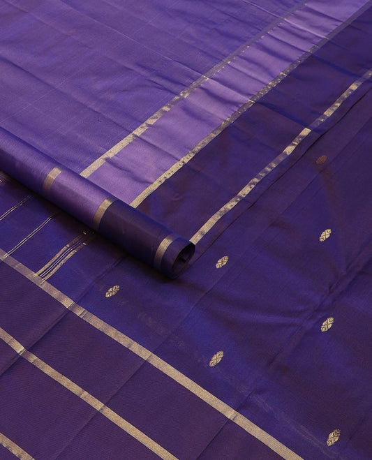 Violet zar buttas Kanchipuram silk saree, contrast rettai pettu zari design border, and zari design pallu