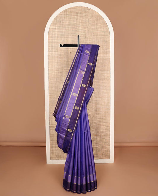 Violet zar buttas Kanchipuram silk saree, contrast rettai pettu zari design border, and zari design pallu