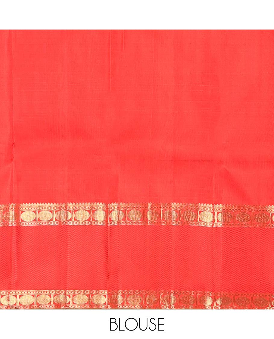 Red kolam buttas enclosed neli checked Kanchipuram silk saree, zari border of thilakam, kathir, and rudraksham designs, and pallu of neli, Greek key, yaanai, and mayil design