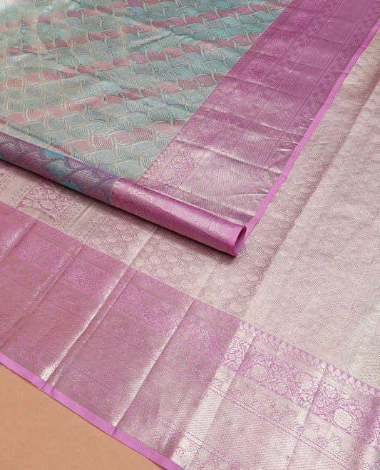Blue Kanchipuram Tissue Silk Saree, Finely Crafted with Jacquard Design on Its Body, Complemented by a Contrast Border of Traditional Designs, Grand Jaal Decked Up Pallu, and Paired with a Contrast Blouse