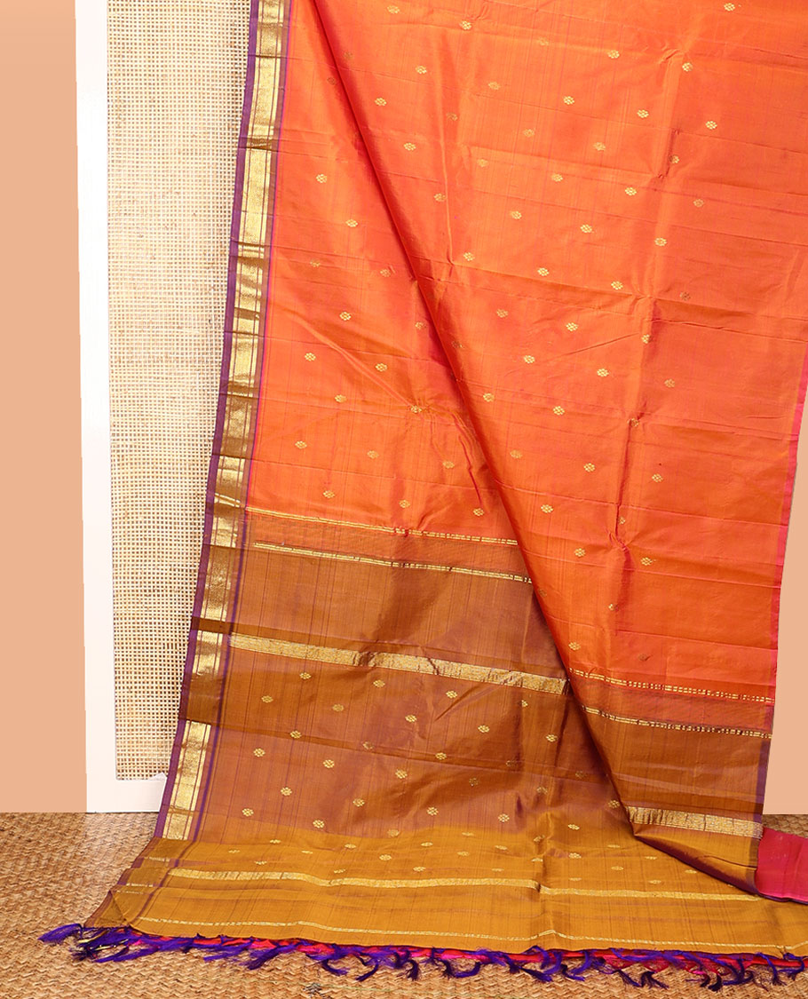Orange Kanchipuram Silk Saree, Crafted with Zari Buttas All Over Its Body, Complemented by a Contrast One-Sided Border of Banaras, and Mayil Kann Designs, Pallu of Zari Designs, and Comes Without a Blouse