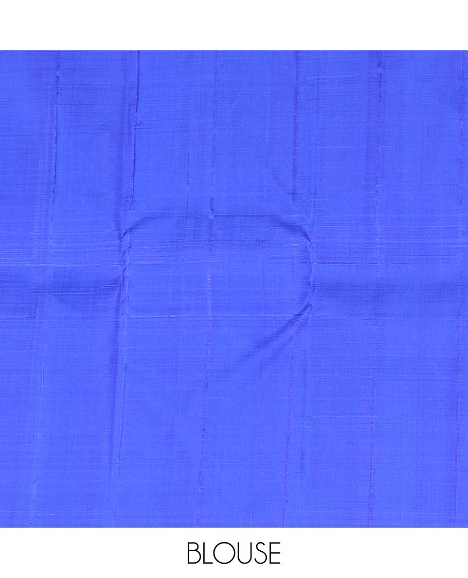 Borderless blue geometric, floral, and leaf butta enclosed Mughal arches woven Kanchipuram designer saree, contrast pallu of leaf butta enclosed Mughal arches and jaal designs